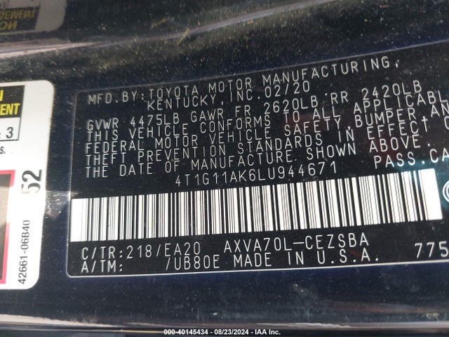 Toyota CAMRY SE 2020 4T1G11AK6LU944671 Image 9