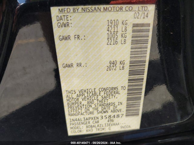 Nissan Altima 2.5 S 2014 1N4AL3APXEN358487 Image 9