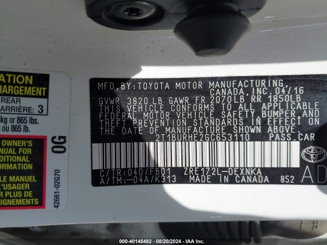 Toyota COROLLA LE 2016 2T1BURHE2GC653110 Image 9
