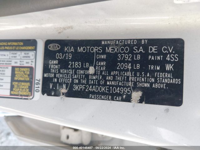 3KPF24AD0KE104995 KIA Forte Lxs