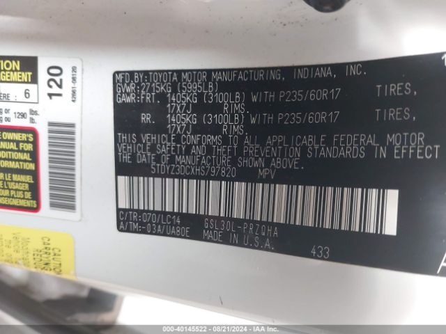 5TDYZ3DCXHS797820 Toyota Sienna Xle 8 Passenger