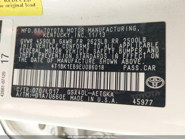 Toyota AVALON XLE 2014 4T1BK1EB9EU086018 Image 9