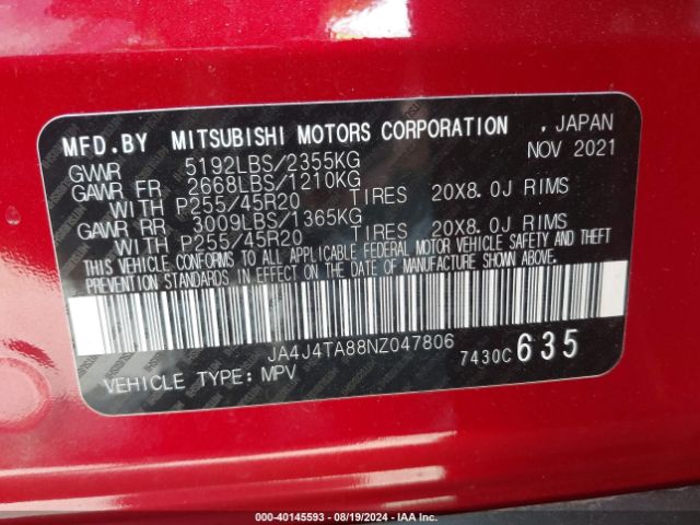 JA4J4TA88NZ047806 Mitsubishi Outlander Es 2.5 S-awc