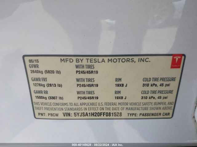 5YJSA1H20FF081528 Tesla MODEL S