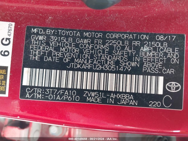Toyota Prius Two Eco 2017 JTDKARFU2H3051479 Image 9