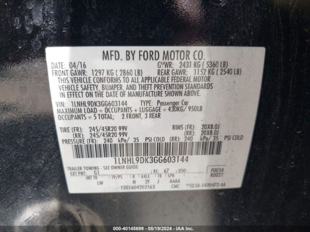 1LNHL9DK3GG603144 Lincoln MKS