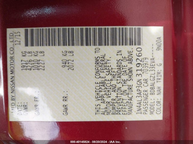 Nissan Altima 2.5 S 2016 1N4AL3AP3GN319260 Image 9