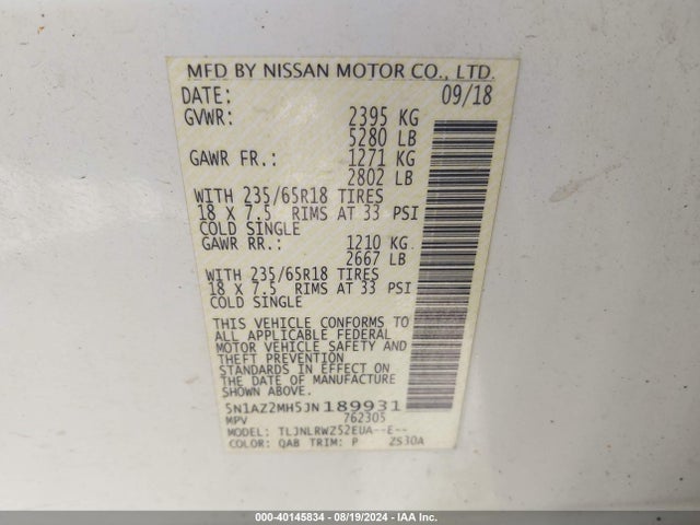 Nissan MURANO SL 2018 5N1AZ2MH5JN189931 Image 9