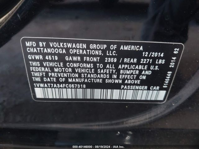 1VWAT7A34FC057318 Volkswagen Passat 1.8t Wolfsburg Edition