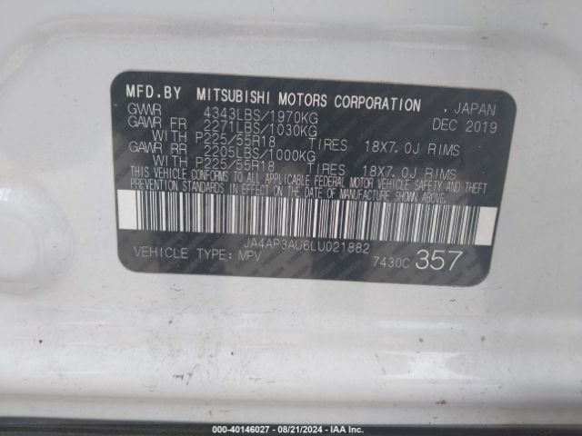 JA4AP3AU6LU021882 Mitsubishi Outlander Sport 2.0 Es