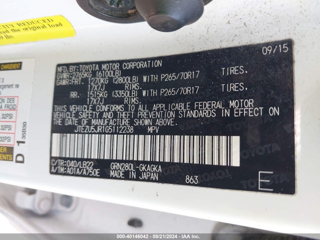 Toyota 4runner Sr5 Premium 2016 JTEZU5JR1G5112238 Image 9