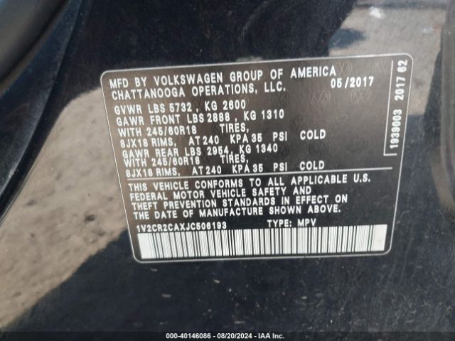 1V2CR2CAXJC506193 Volkswagen Atlas 3.6l V6 Se
