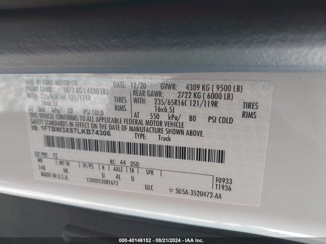 Ford Transit-350 Cargo Van 2020 1FTBW3X87LKB74306 Image 9