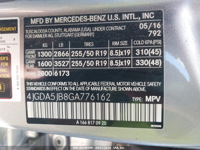 4JGDA5JB8GA776162 Mercedes-Benz GLE 350