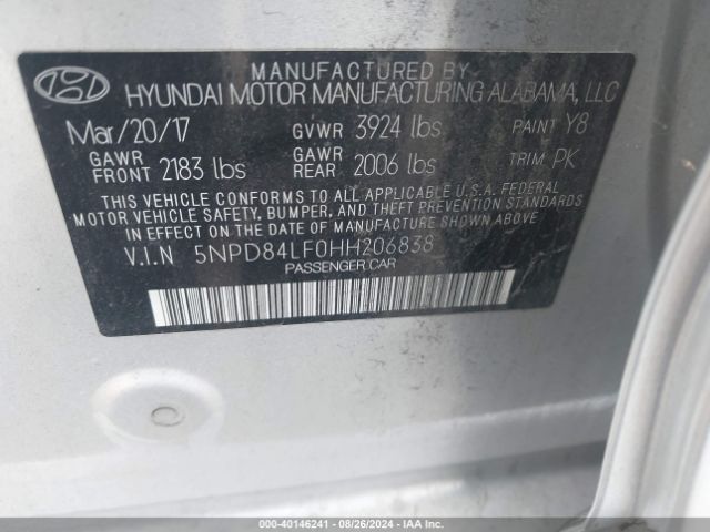 5NPD84LF0HH206838 Hyundai ELANTRA SE