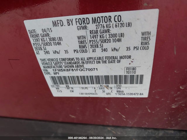 Ford Explorer Limited 2015 1FM5K8F81FGC70071 Image 9