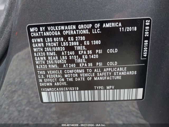 1V2MR2CAXKC515319 Volkswagen Atlas 3.6l V6 Sel