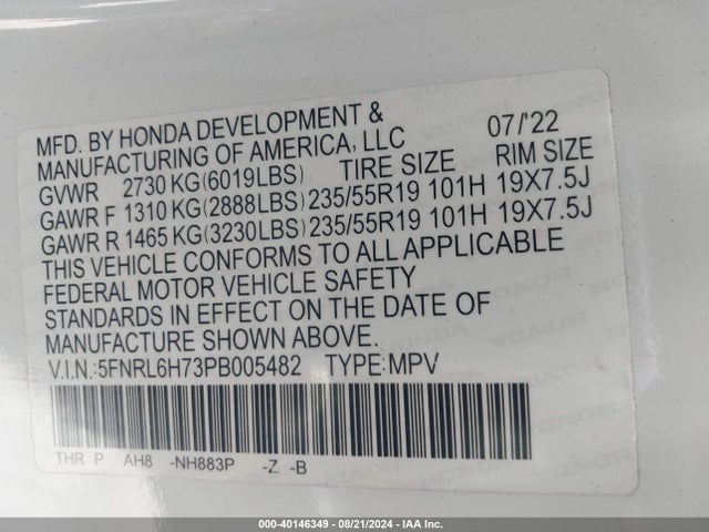 Honda Odyssey Sport 2023 5FNRL6H73PB005482 Image 9
