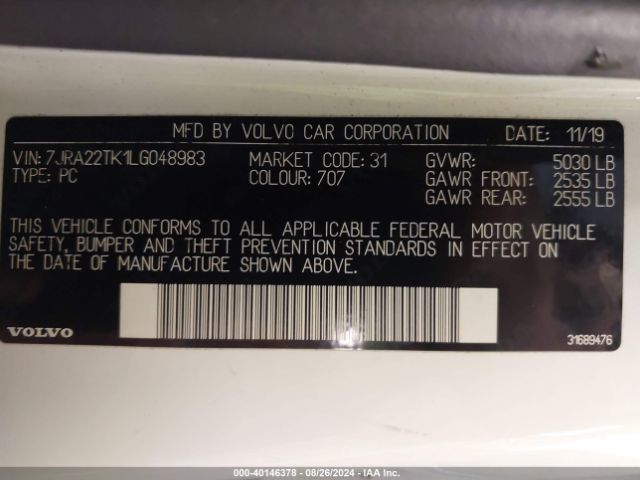 7JRA22TK1LG048983 Volvo S60 T6 Momentum