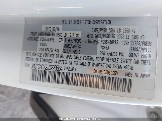 JM3TCACY2J0223564 Mazda Cx-9 Touring