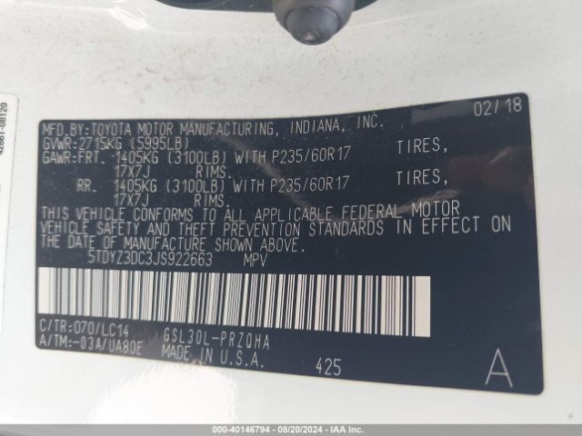 5TDYZ3DC3JS922663 Toyota Sienna Xle Premium 8 Passenger
