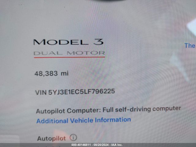 5YJ3E1EC5LF796225 Tesla Model 3 Performance Dual Motor All-wheel Drive