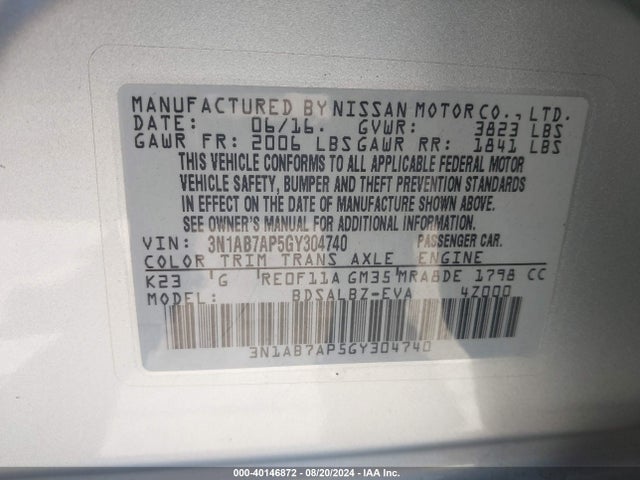 Nissan SENTRA S 2016 3N1AB7AP5GY304740 Image 9