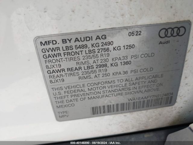 WA1EAAFY7N2124634 Audi Q5 Premium Plus 45 Tfsi S Line Quattro S Tronic