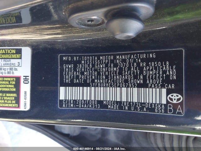 Toyota Corolla S Plus 2014 5YFBURHE5EP067952 Image 9