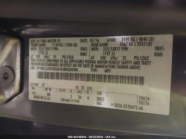 Ford ESCAPE SE 2017 1FMCU9G92HUB02099 Image 9