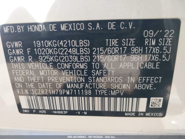 3CZRZ1H79PM711198 Honda Hr-v 2wd Ex-l