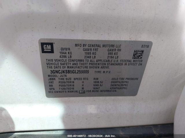 3GNCJKSB5GL259009 Chevrolet Trax 1ls