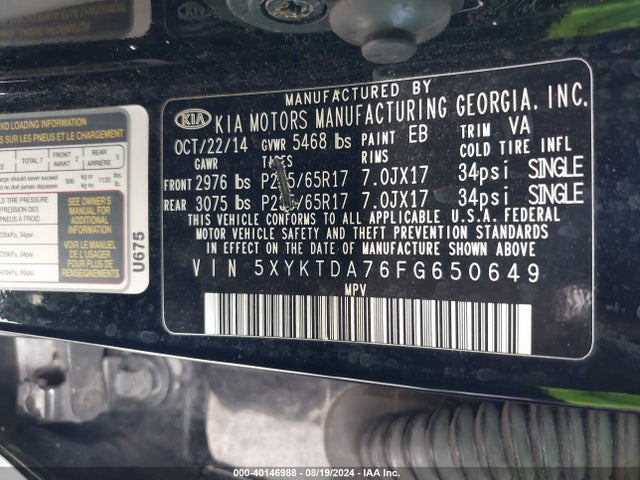 KIA Sorento Lx V6 2015 5XYKTDA76FG650649 Image 9