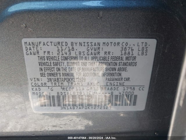 Nissan SENTRA S 2019 3N1AB7AP0KY272529 Image 9