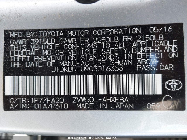 Toyota Prius Two 2016 JTDKBRFU9G3016353 Image 9