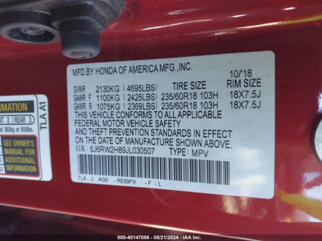 5J6RW2H89JL030507 Honda Cr-v Ex-l/ex-l Navi