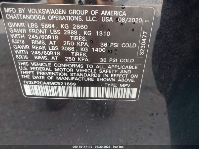 1V2LP2CA4MC521699 Volkswagen Atlas 2.0t Se