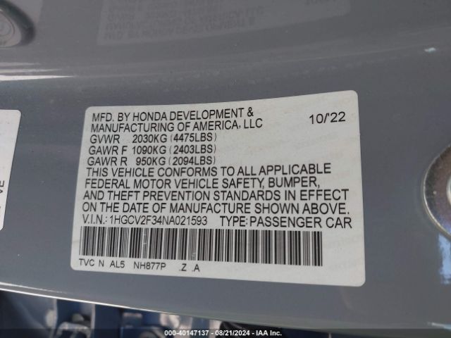 1HGCV2F34NA021593 Honda Accord Sport 2.0t