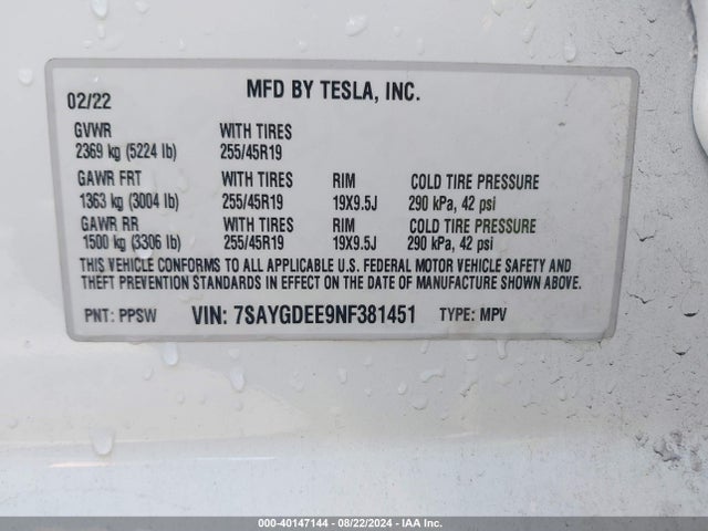 2022 TESLA MODEL Y 7SAYGDEE9NF381451 Photo 8