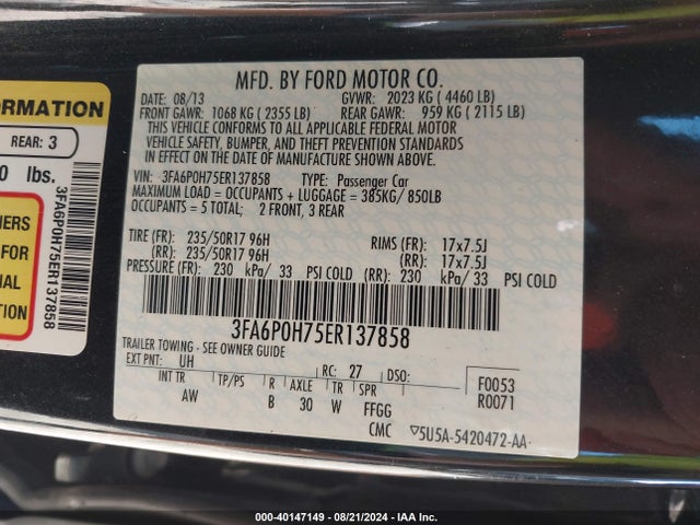 Ford FUSION SE 2014 3FA6P0H75ER137858 Image 9