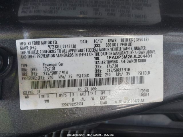1FADP3M26JL204401 Ford FOCUS SEL