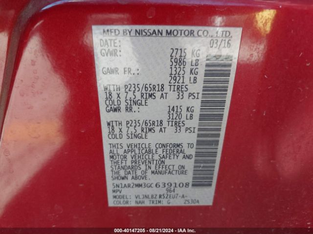 5N1AR2MM3GC639108 Nissan Pathfinder Platinum/s/sl/sv