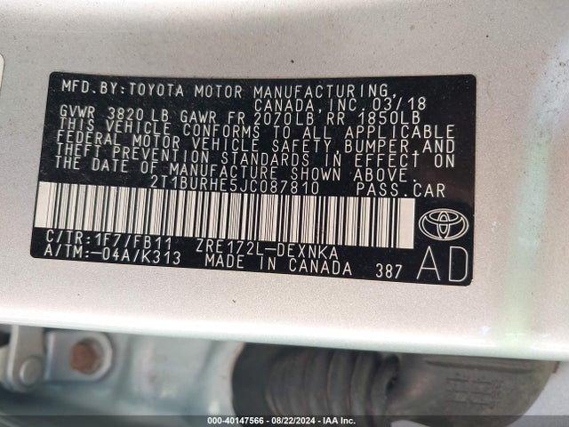 Toyota COROLLA LE 2018 2T1BURHE5JC087810 Image 9
