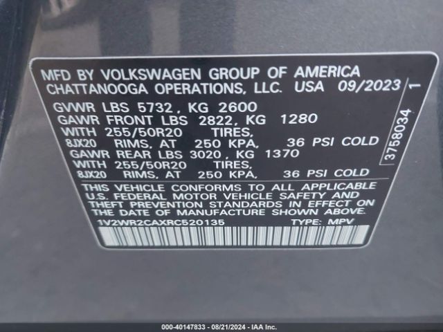 1V2WR2CAXRC520135 Volkswagen Atlas 2.0t Se W/technology