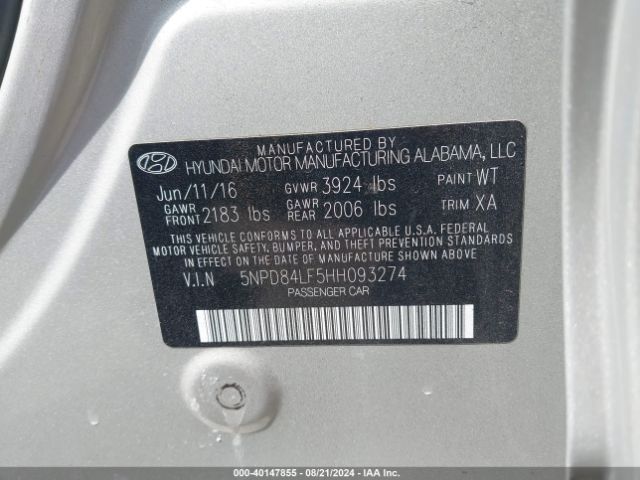 5NPD84LF5HH093274 Hyundai ELANTRA SE