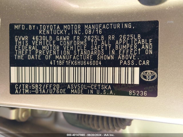 Toyota CAMRY SE 2017 4T1BF1FK6HU646004 Image 9