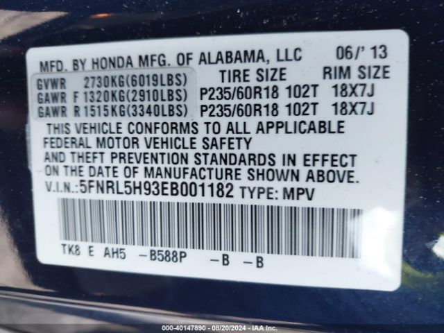 5FNRL5H93EB001182 Honda Odyssey Touring/touring Elite