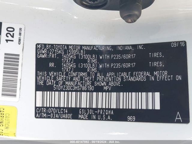 5TDYZ3DC3HS786190 Toyota Sienna Xle 8 Passenger