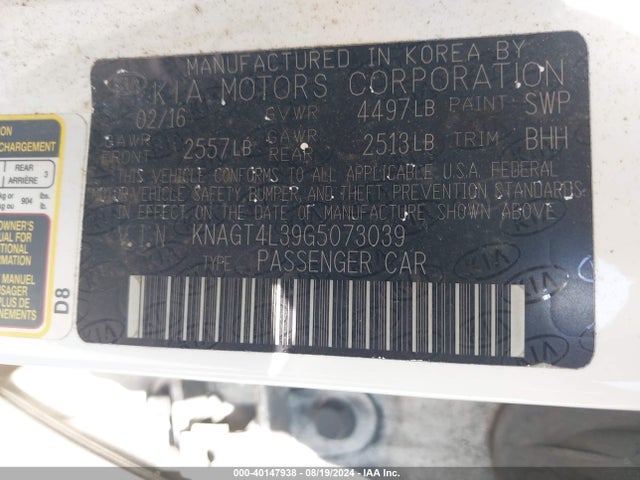 KIA Optima Lx 2016 KNAGT4L39G5073039 Image 9