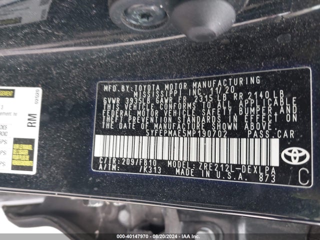 Toyota COROLLA LE 2021 5YFEPMAE5MP190702 Image 9